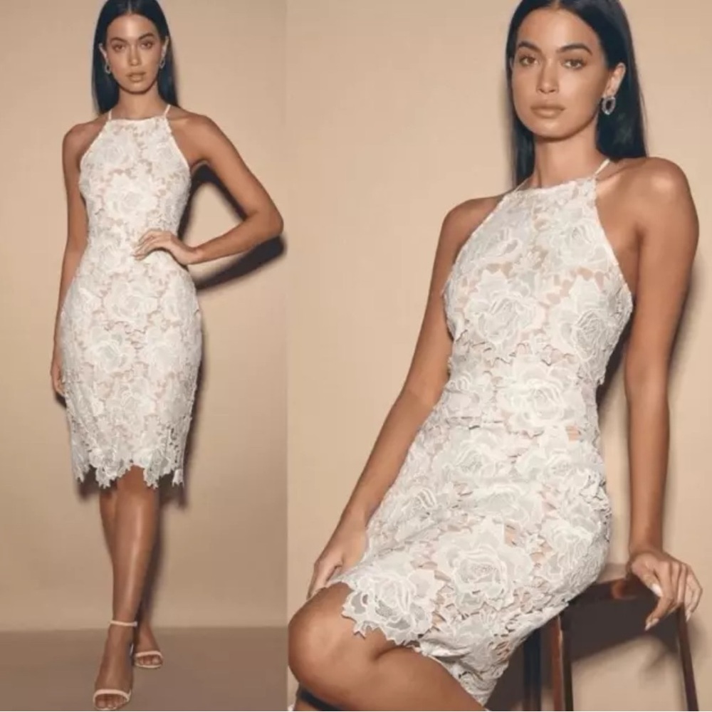 Lulus Small Temps De L'Amour White Lace Bodycon Midi Dress